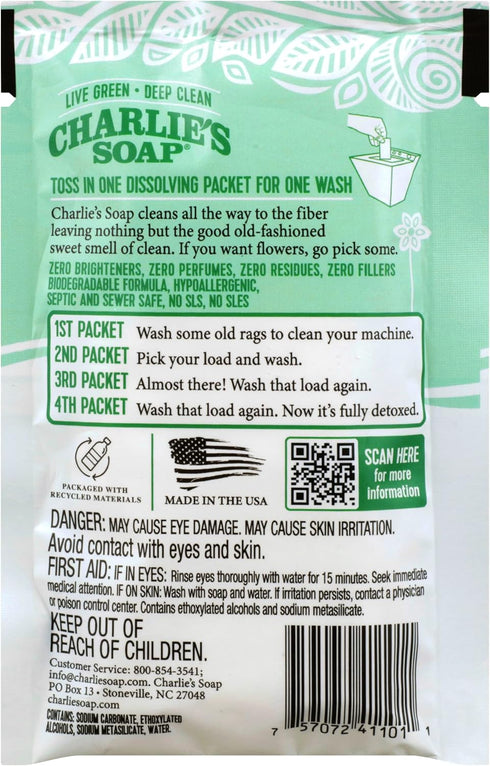 Packets (2 Pack, 8 Charlie's Soap - Unscented Laundry - Travel Size Total Loads)