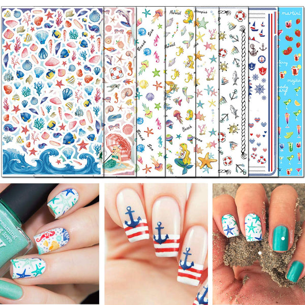 TailaiMei Summer Beach Nail Stickers - 1500+ Pcs Self-Adhesive DIY Nail Art Decals, Shark Nautical Turtle Design (12