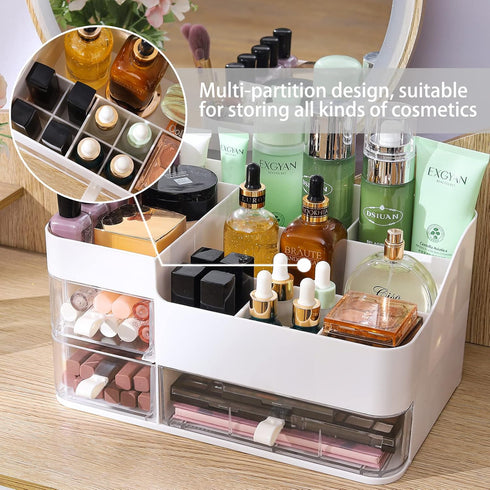 White Makeup Organizer with 3 Drawers, Plastic Skincare and Cosmetic Storage for Vanity Countertop Organization