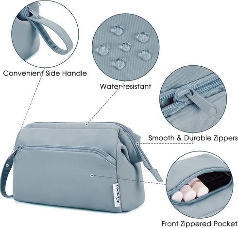 Narwey Large Women Makeup Bag, Wide-open Travel Cosmetic Organizer, Toiletry Bag for Cosmetics, Greyish Blue