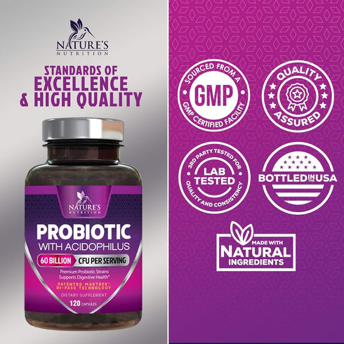 Probiotics 60 Billion CFU, with Prebiotics for Digestive & Immune Health Support, 120 Capsules, Soy & Gluten Free