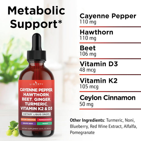 Liberty Lifestyle D3 K2 6oz Cayenne Pepper Supplement Liquid Drops + Hawthorn Berry, Vitamin Beet Root Powder, Ceylon