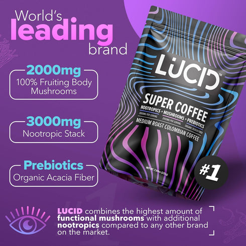 Lucid Superfood Organic Mushroom Coffee with Nootropics - Lion's Mane, Tremella, Cordyceps & Turkey Tail - Instant