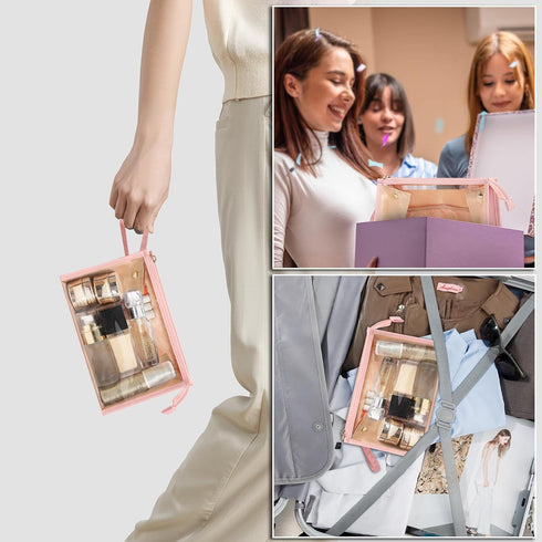 MONSTINA Clear Makeup Bag, Large Capacity Portable Travel Cosmetic Case, Waterproof Toiletry Bag, Pink