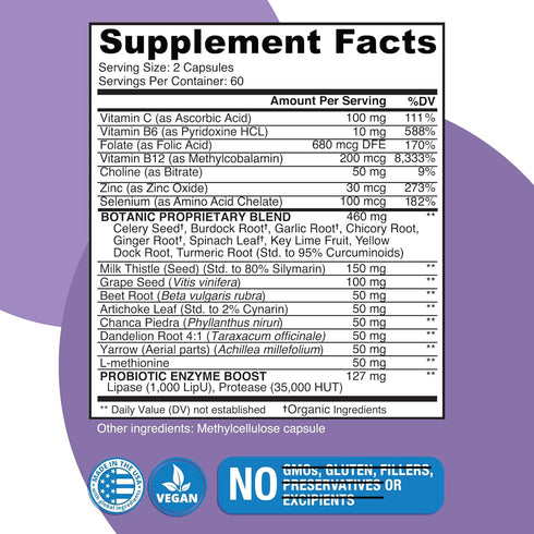 Liver Cleanse Plant-Based Formula - Vegan Supplement with Milk Thistle, Vitamin C, Zinc - 120 Capsules, No Fillers or