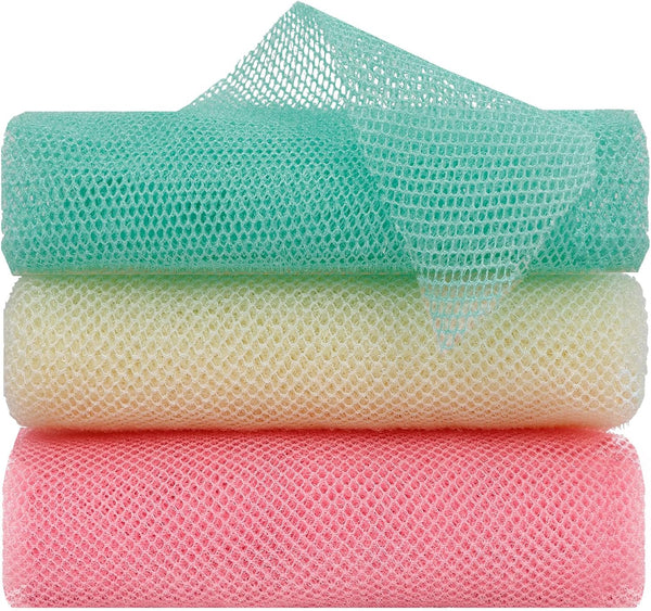 African Bath Sponge, Long Net Bath Sponge, Exfoliating Wash Net, Shower Body Scrubber (3pcs Pink, Beige, Green)