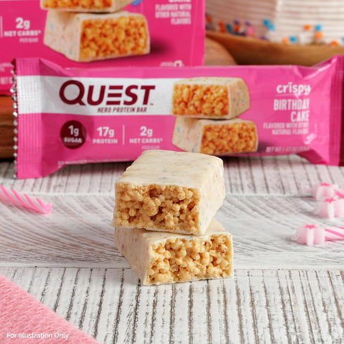 Quest Nutrition Crispy Birthday Cake Hero Protein Bar - 17g Protein, 1g Sugar, Gluten Free, Keto Friendly - 12 Count
