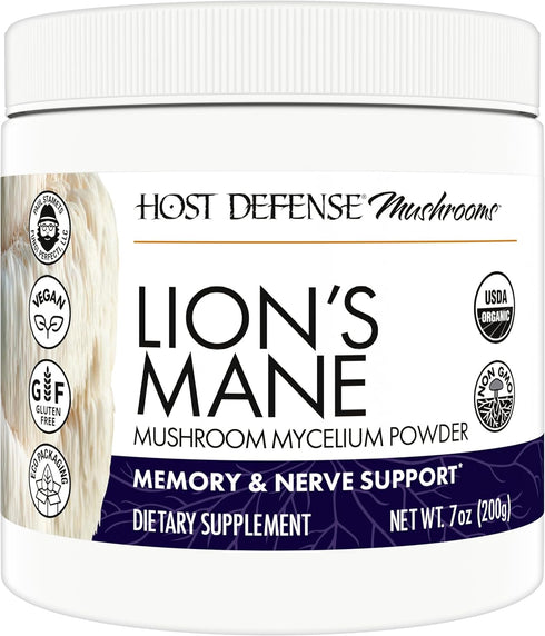 Host Defense Lion's Mane Powder, Brain Health Support Supplement, Mushroom Supplement for Focus, 7 oz
