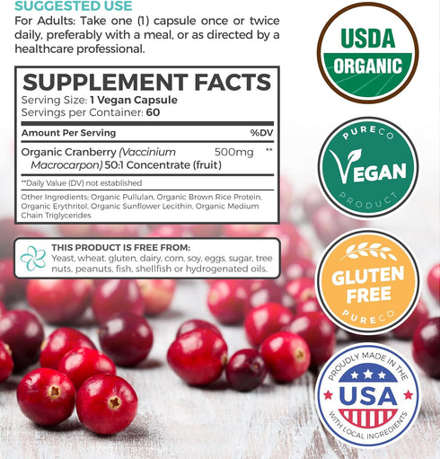 Organic Cranberry Pills - 60 Capsules | 50:1 Concentrate Equals 25,000mg of Fresh Cranberries for UTI Support
