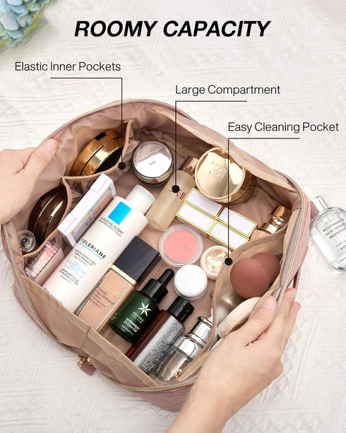 BAGSMART Travel Makeup Bag, Water-Resistant Cosmetic Pouch, Portable Organizer for Toiletries and Brushes, Pink