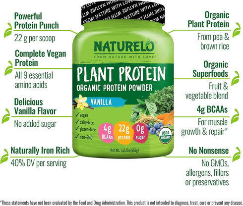 NATURELO Plant Protein Powder, Vanilla, 22g Protein - Non-GMO, Vegan, Gluten, Dairy & Soy Free - 20 Servings