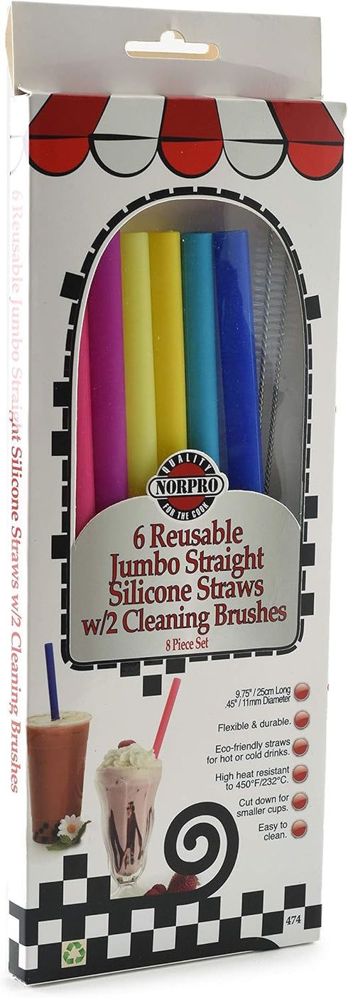 Norpro 474 Reusable Jumbo Silicone Drinking Straws - Includes 2 Cleaning Brushes