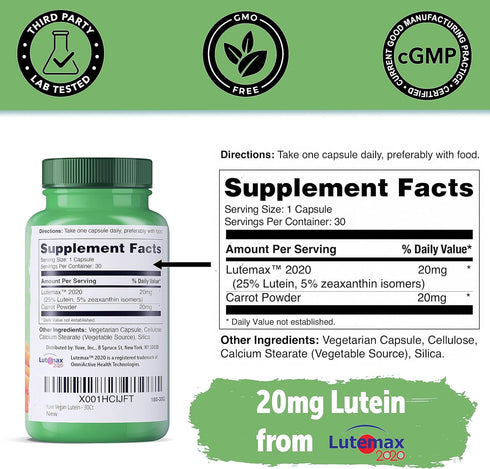 Yuve Lutein Zeaxanthin Supplement 20mg - Eye Health for Dry Eyes & Fatigue, Lutemax2020, 30 Vegan Capsules