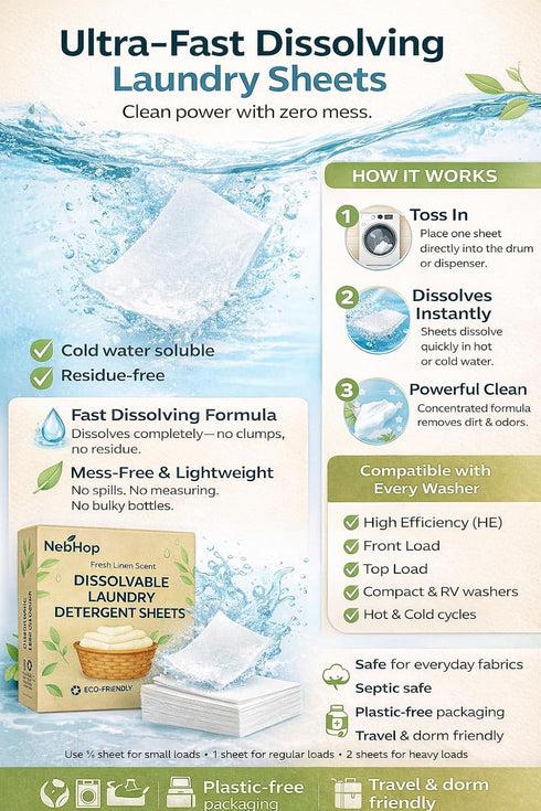 NebHop 40 (80 Eco Friendly Laundry Detergent Sheets Biodegradable Detergent Strips, Fresh Linen Scent, Hypoallergenic