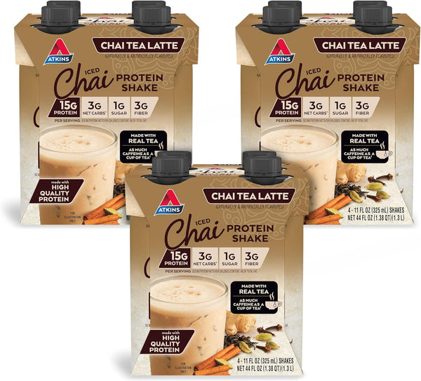 Chai Tea Latte Protein Shake | 15g Protein, Low Glycemic, 3g Net Carb | PACK OF 3, Keto Friendly, 1g Sugar