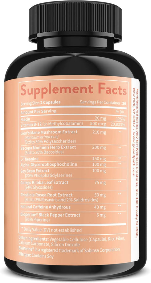 WellPath Mind Brain Supplement for Memory and Focus, Lion's Mane, Ginkgo Biloba, Vegan, 60 Ct