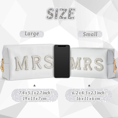 Y1tvei Mrs Cosmetic Large Bag - White Patch Varsity Letter MRS Toiletry Big Bag Pearl Rhinestone Letter Patches Big Makeup PU Bag Waterproof Portable Zipper Purse Travel Organizer for Wedding Bride