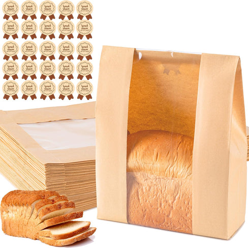 Paper Bread Bags 25PCS | Sourdough Bread Bags for Homemade Bread with Window and 25PCS Label Seal Stickers