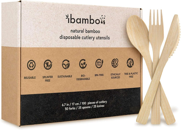 Bamboo Cutlery Set - 100 Biodegradable Utensils (50 Forks, 25 Spoons, 25 Knives), Compostable Eco-Friendly Flatware