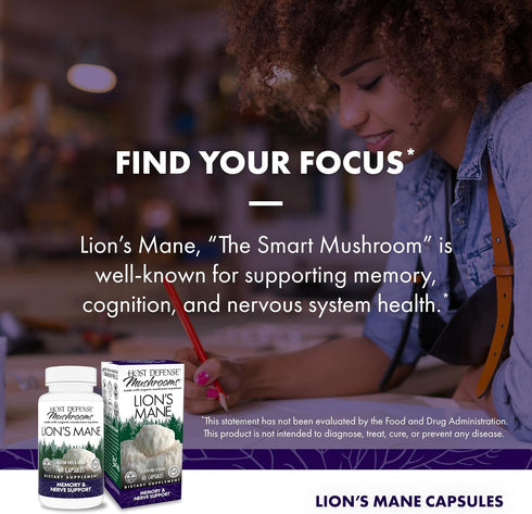 Host Defense Mushrooms Lion's Mane - Brain Health Support Supplement for Focus & Memory Function - 60 Capsules