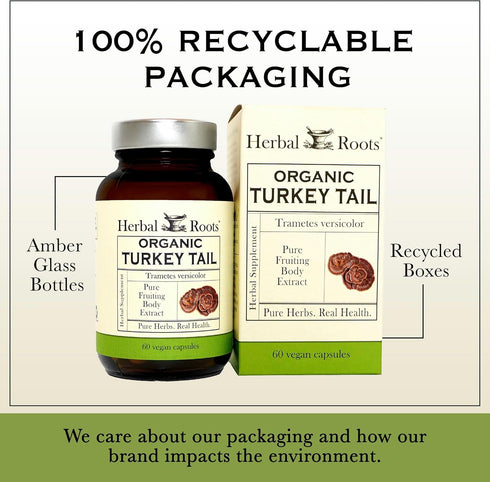 Immune 60 Herbal Roots Organic Turkey Tail Mushroom Supplement - Fruiting Bodies Extract - Support - Vegan Non GMO