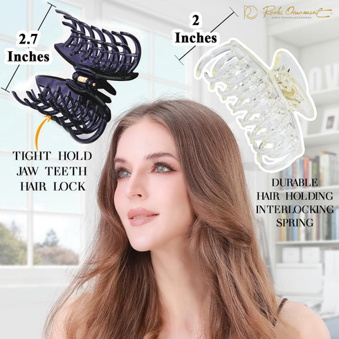 RC ROCHE ORNAMENT 6 Pcs Women's Classic Double Multi Layer Hair Claw - Interlocking Strong Hold, Medium Transparent