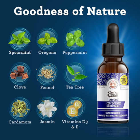 GuruNanda Concentrated Mouthwash (2 fl oz), Fluoride-Free Mint Mouthwash with Natural Essential Oils, Supports 300
