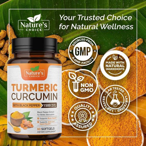 Turmeric Curcumin Supplement 1500mg with Curcuminoids, Black Pepper for Advanced Absorption, 60 Softgels