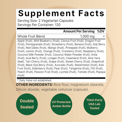 Fruit and Veggies Supplement - 120 Day Supply, 480 Vegetarian Capsules with 40 Whole Fruits & Veggies Blend
