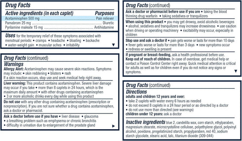 Pamprin Multi-Symptom Formula, with Acetaminophen, Menstrual Period Symptoms Relief Including Cramps, Pain, Irritability and Bloating, 20 Caplets (Pack of 3)