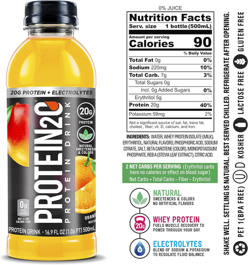 Protein2o Whey Protein Isolate Infused Water, 20g Protein, Sugar Free Sports Drink, Orange Mango, 16.9 oz Bottle (12