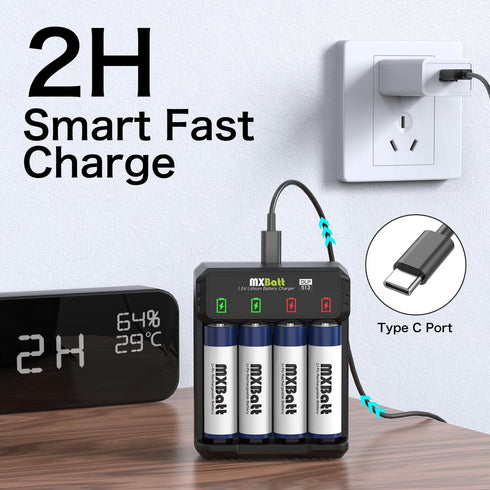 Rechargeable AA Batteries 1.5V 3400mWh High Capacity, 4 Packs with 2H Fast Smart Charger, 1500 Cycles