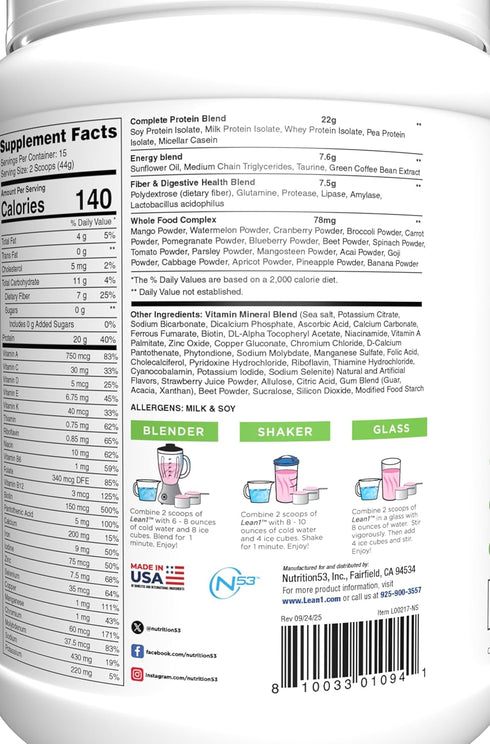 Lean1 15 Meal Replacement Protein Shake, Strawberry Flavor, Serving Tub