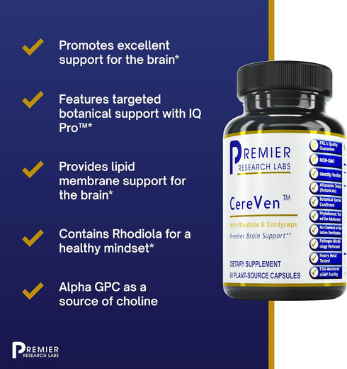 Premier Research Labs Cereven Brain Support Supplement with Rhodiola Extract, 60 Plant-Source Capsules