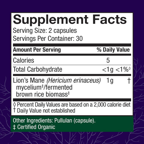 Host Defense Mushrooms Lion's Mane - Brain Health Support Supplement - Mushroom Supplement to Support Focus & Memory Function - Immune & Nervous System Support Supplement - 60 Capsules (30 Servings)*
