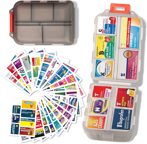 Large Pill Organizer with 161 Labels, Travel Daily Pill Container, Mini Medication Organizer, 7 Day Pill Case (Grey)