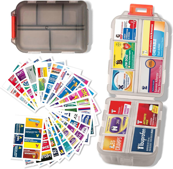 Large Pill Organizer with 161 Labels, Travel Daily Pill Container, Mini Medication Organizer, 7 Day Pill Case (Grey)