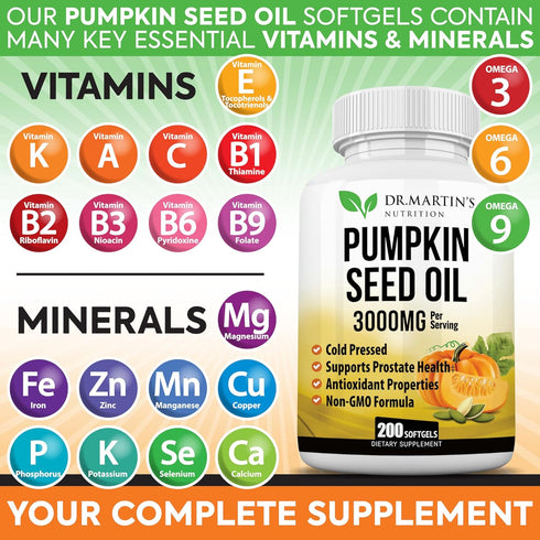 3000mg Cold Pressed Pumpkin Seed Oil, DHT Blocker for Hair Growth, Supports Heart and Skin Health