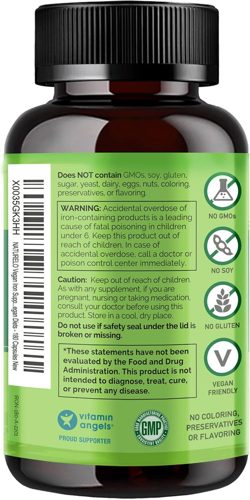NATURELO Vegan Iron Supplement with Vitamin C and Organic Whole Foods - Gentle Iron Pills for Women & Men, 180 Mini