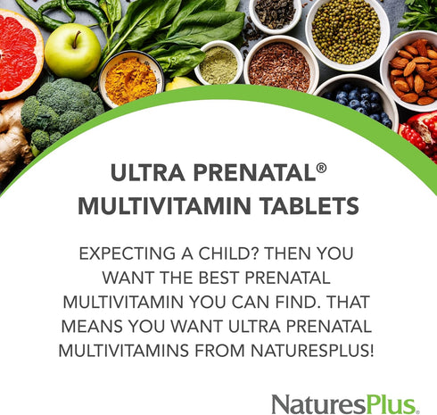 NaturesPlus Ultra Prenatal Multivitamin, 800 mcg Folate, 90 Vegetarian Tablets, Gluten-Free, 45 Servings
