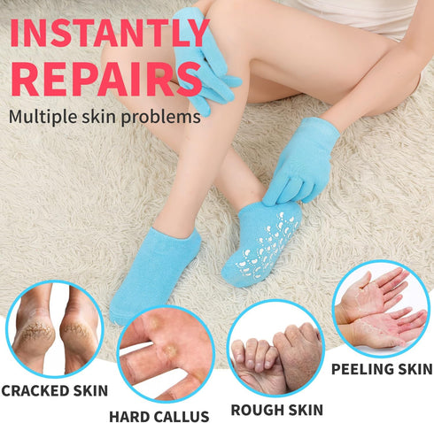 Moisturizing Glove and Sock, Gel Spa Therapy for Hands Feet, Repair Dry Cracked Skin, 4 PCS (Blue)