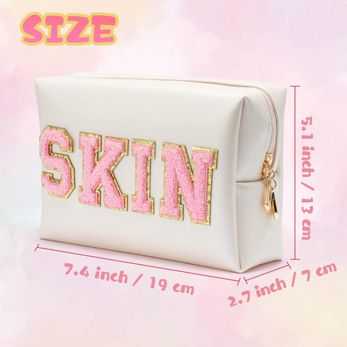 Y1tvei Varsity Letter Cosmetic Toiletry Bag - Preppy Patch PU Leather Makeup Pouch, Waterproof Organizer Gift (Shell