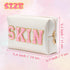 Y1tvei Varsity Letter Cosmetic Toiletry Bag - Preppy Patch PU Leather Makeup Pouch, Waterproof Organizer Gift (Shell