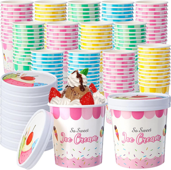 Jingmore 64 Pcs 16oz Paper Ice Cream Cups with Lids, Disposable Dessert Bowls
