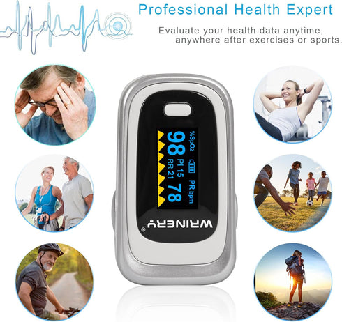 WRINERY Oxygen Saturation Monitor, Fingertip Pulse Oximeter, OLED Portable Oximetry with Batteries, Lanyard