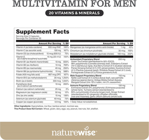 NatureWise Multivitamin for Men - Daily Supplement for Energy, Performance, Immunity - 60 Capsules, Gluten-Free
