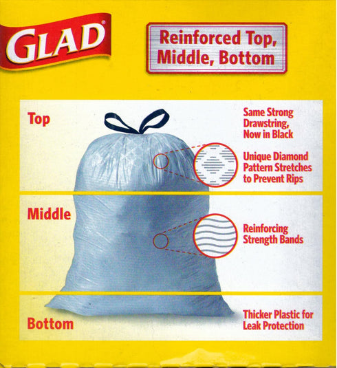 Glad Tall Kitchen Drawstring Trash Bags, 60 Ct, 13 Gal with Reinforcing Bands