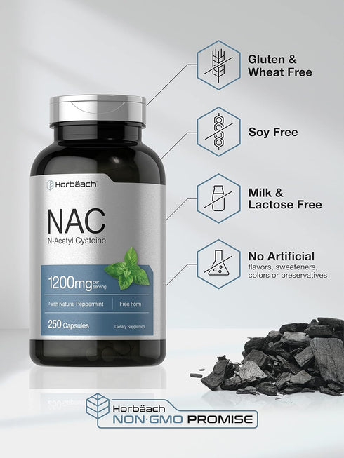 Horbaach NAC N-Acetyl Cysteine Supplement, 1200mg, 250 Capsules - Non-GMO, Gluten Free with Natural Peppermint