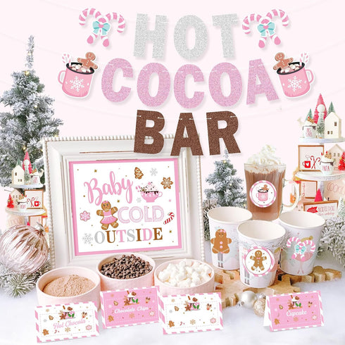 Hot Cocoa Bar Kit Pink Hot Cocoa Bar Banner Cute Gingerbread Man Sign Oh Snap Toppings Tent Cards Cup Tags Stickers