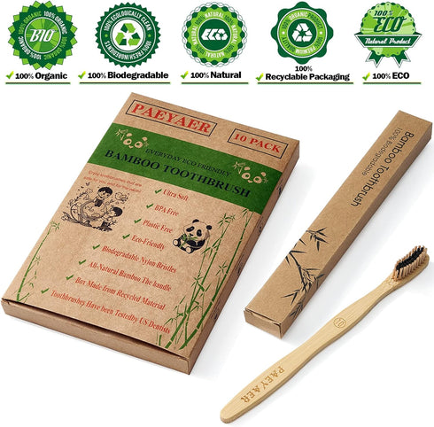 10 Count Bamboo Toothbrushes (Soft + Medium) - Charcoal Natural Wood Toothbrushes, Reusable
